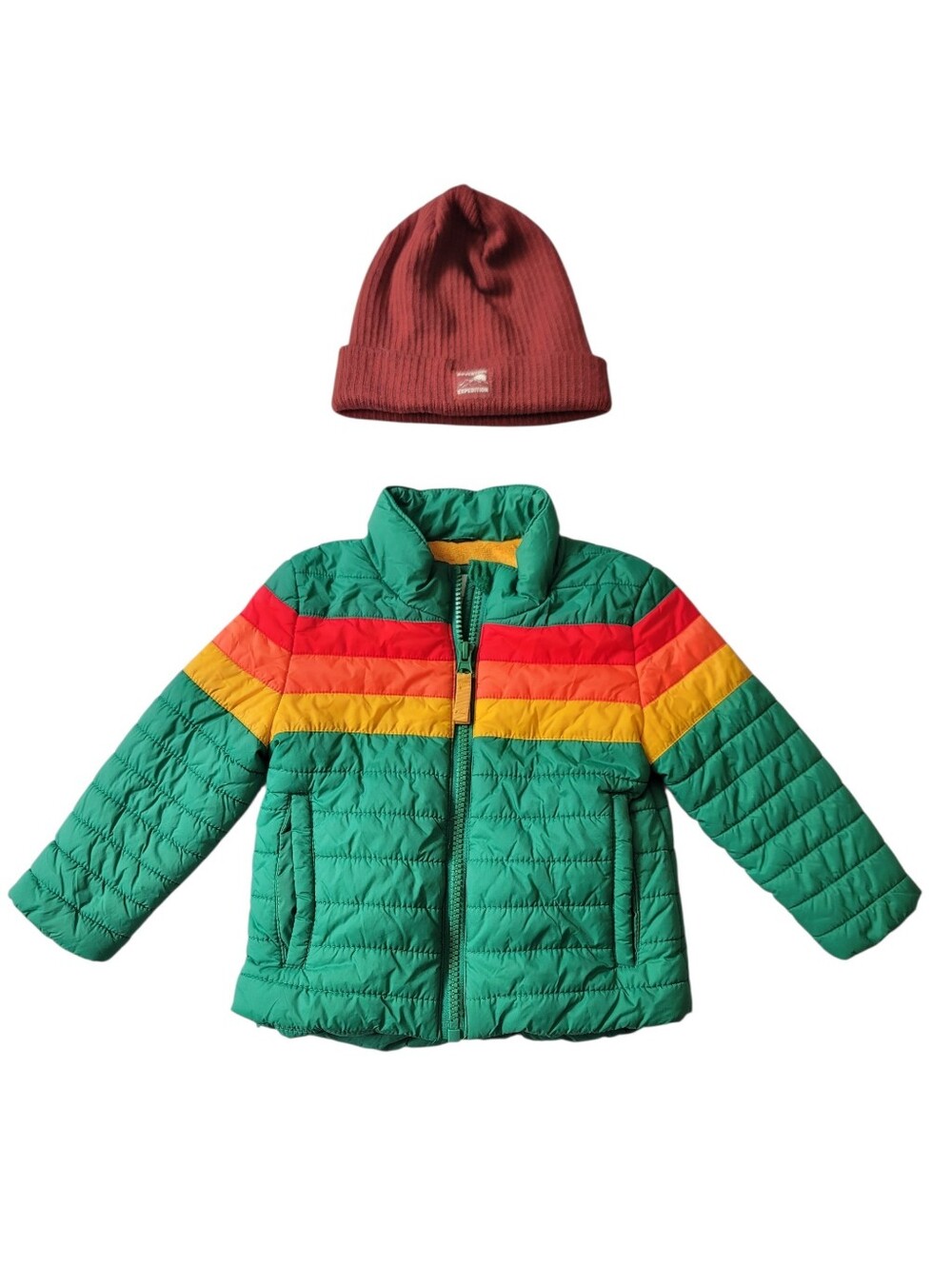 Cat & Jack 12M Nylon Puffer Full Zip Jacket Rainbow Zara Rust Beanie Set